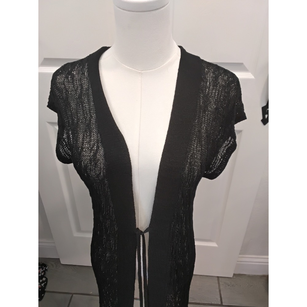 Kenar Black Pointelle Knit Longline Cardigan Vest Tie Front Cap Sleeve Size M